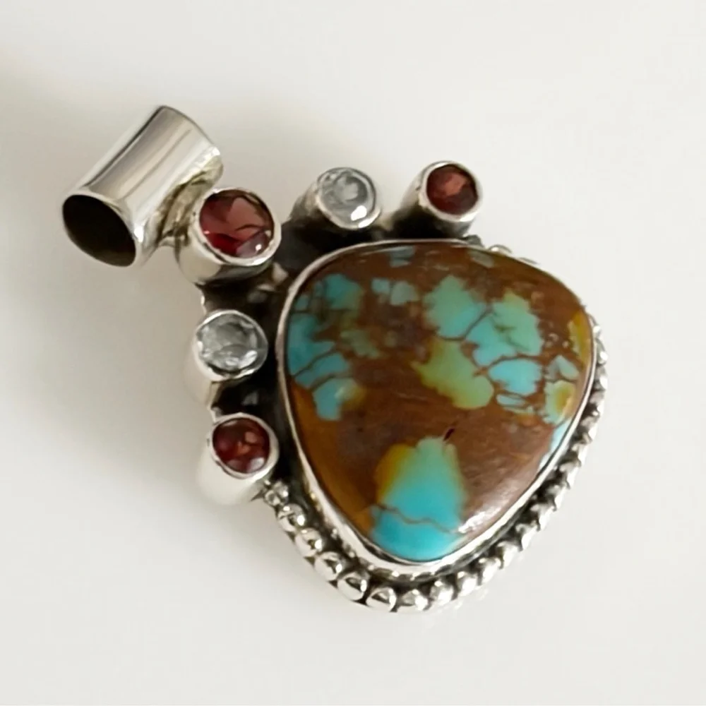 Sterling Silver 925 Red Garnet Turquoise Pendant Southwest Vintage Style